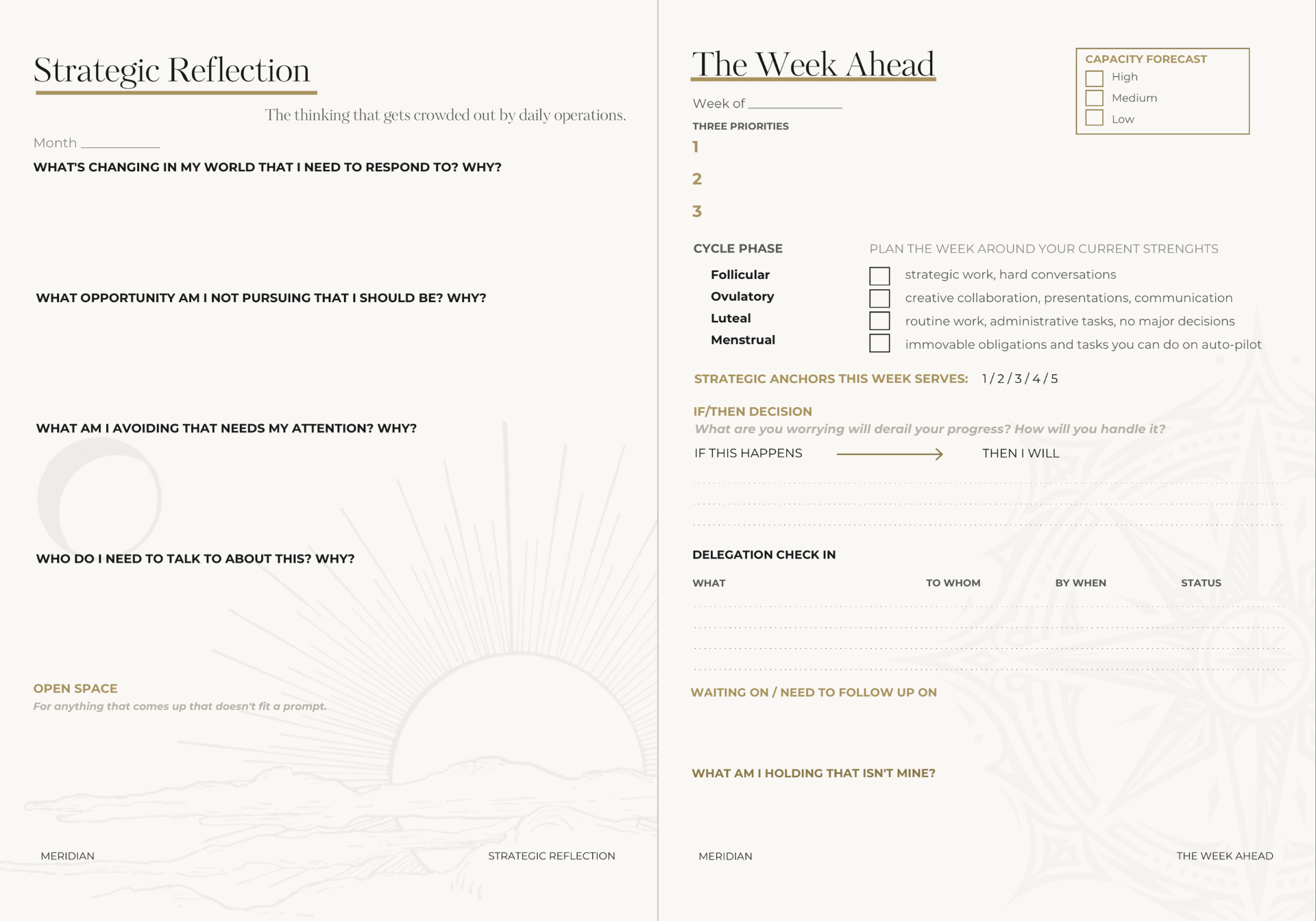The Strategic Reflection and The Week Ahead spread from inside the Meridian planner